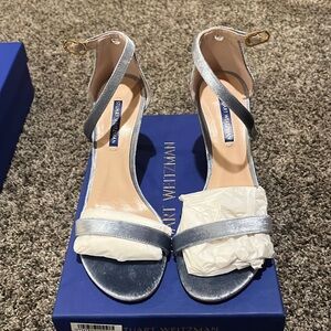 Steel pane velvet open toed Stuart Weitzman heels